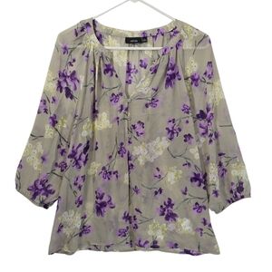 Apt. 9 Sheer Floral Boho Chiffon Blouse Top Women's Large Purple Yellow Flower L